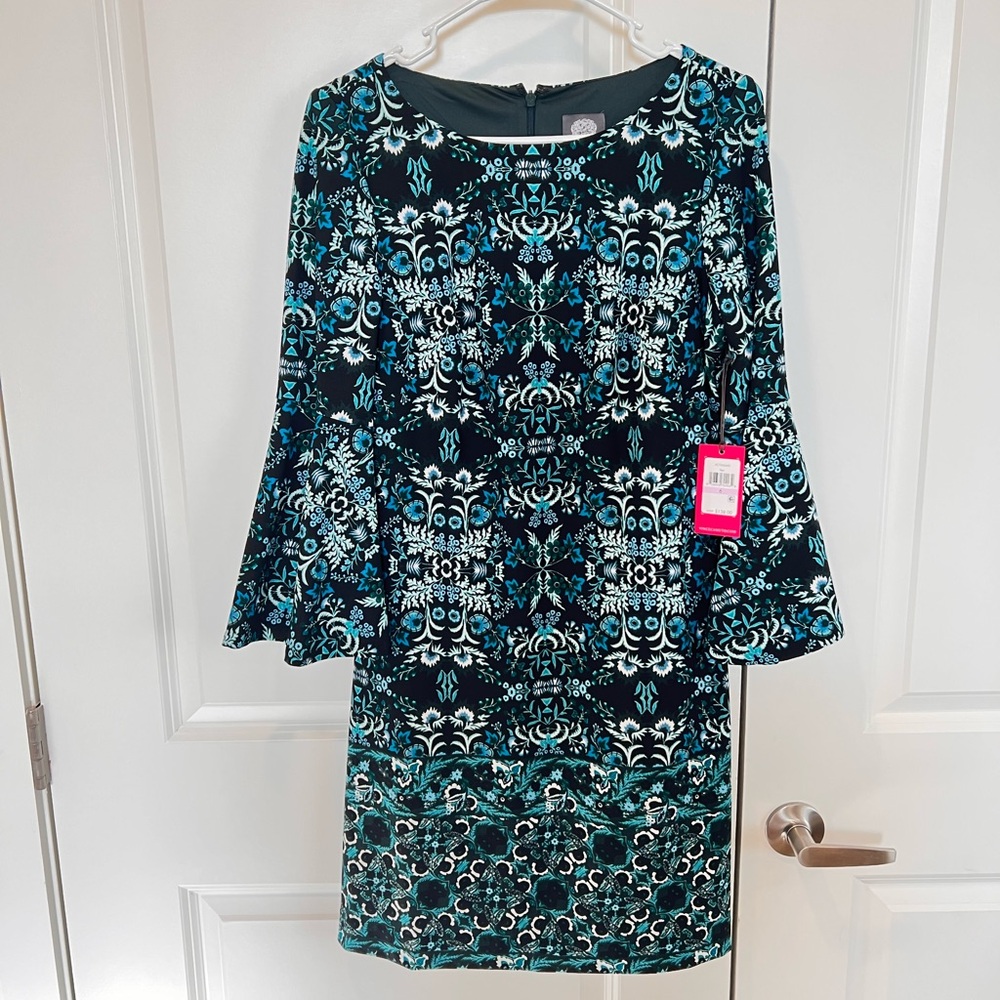 NWT Vince Camuto Elegant Blue Patterned Dress with bell sleeves
